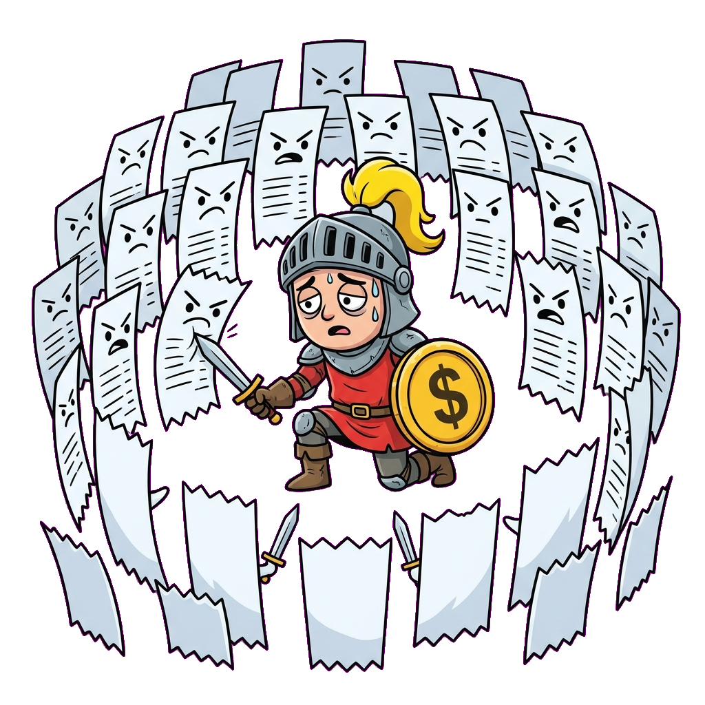 An exhausted knight with a dollar-shield, completely surrounded and outnumbered by an army of sword-wielding receipts