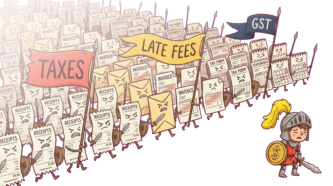 A vast warband of angry paperwork — receipts, invoices, bill envelopes, tax forms and bank statements — marching in three ranks under banners reading Taxes, Late Fees and GST, bearing down on the small, outnumbered knight