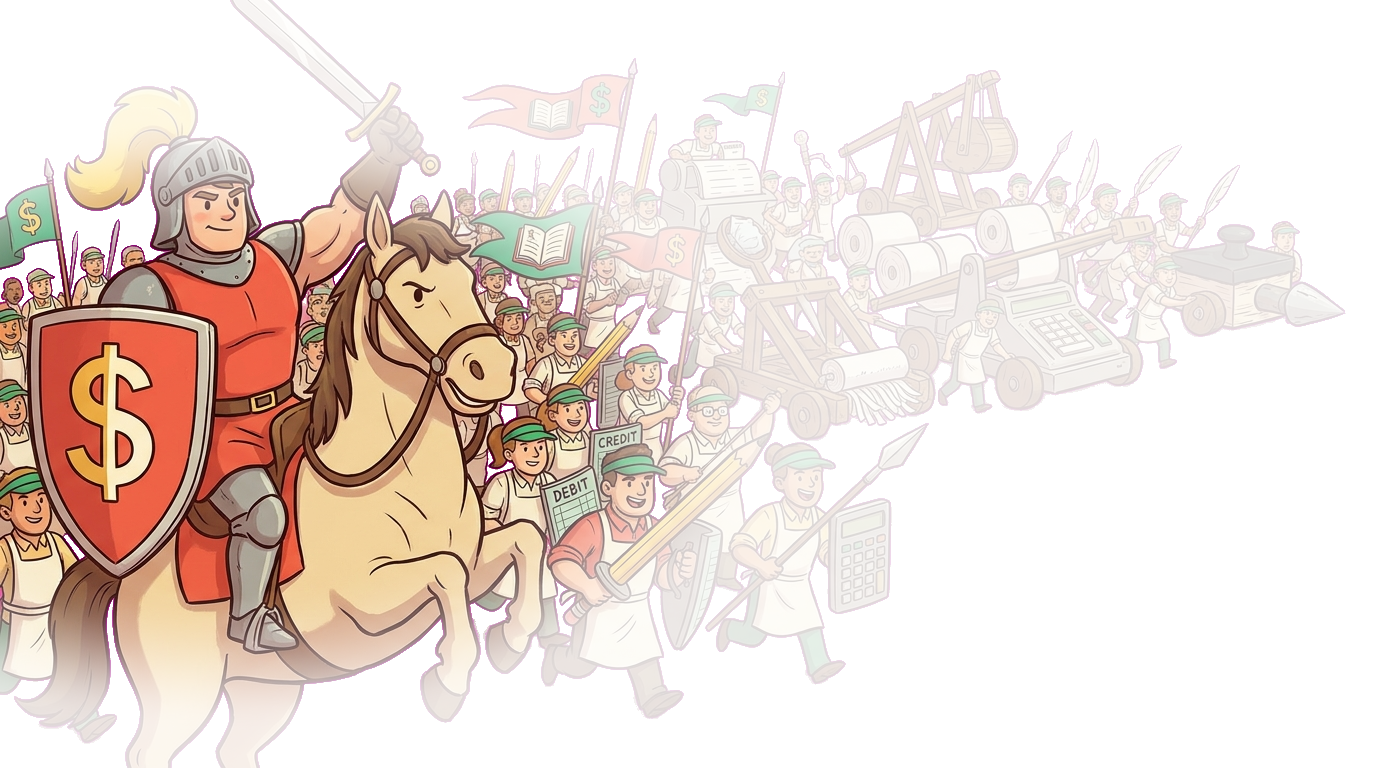 A big, strong commander knight on a rearing warhorse, sword raised and bearing the red BattleBooks shield, leading an army of bookkeepers with pencil-lances, ledger shields and paper-shredder siege engines